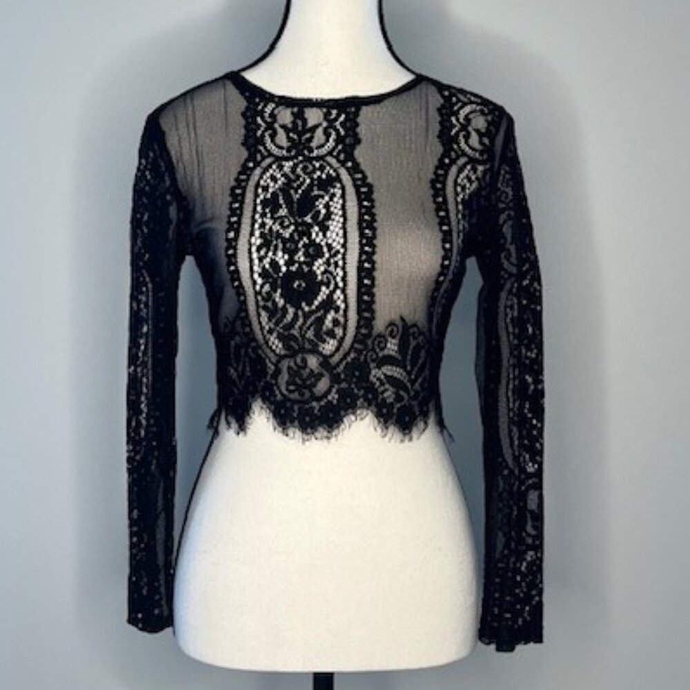 Women's Black Lace Crop Top with Back Zipper, Size Small